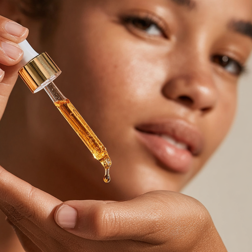 Young woman with radiant skin squeezing organic argan oil out of a dropper onto her hand