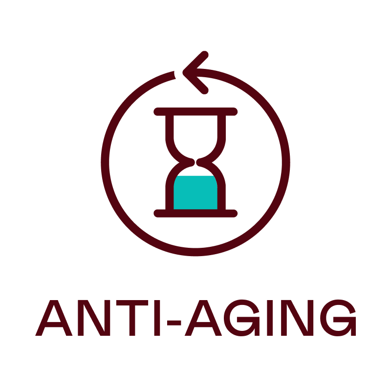 Anti-aging logo with hourglass icon and text on a white background
