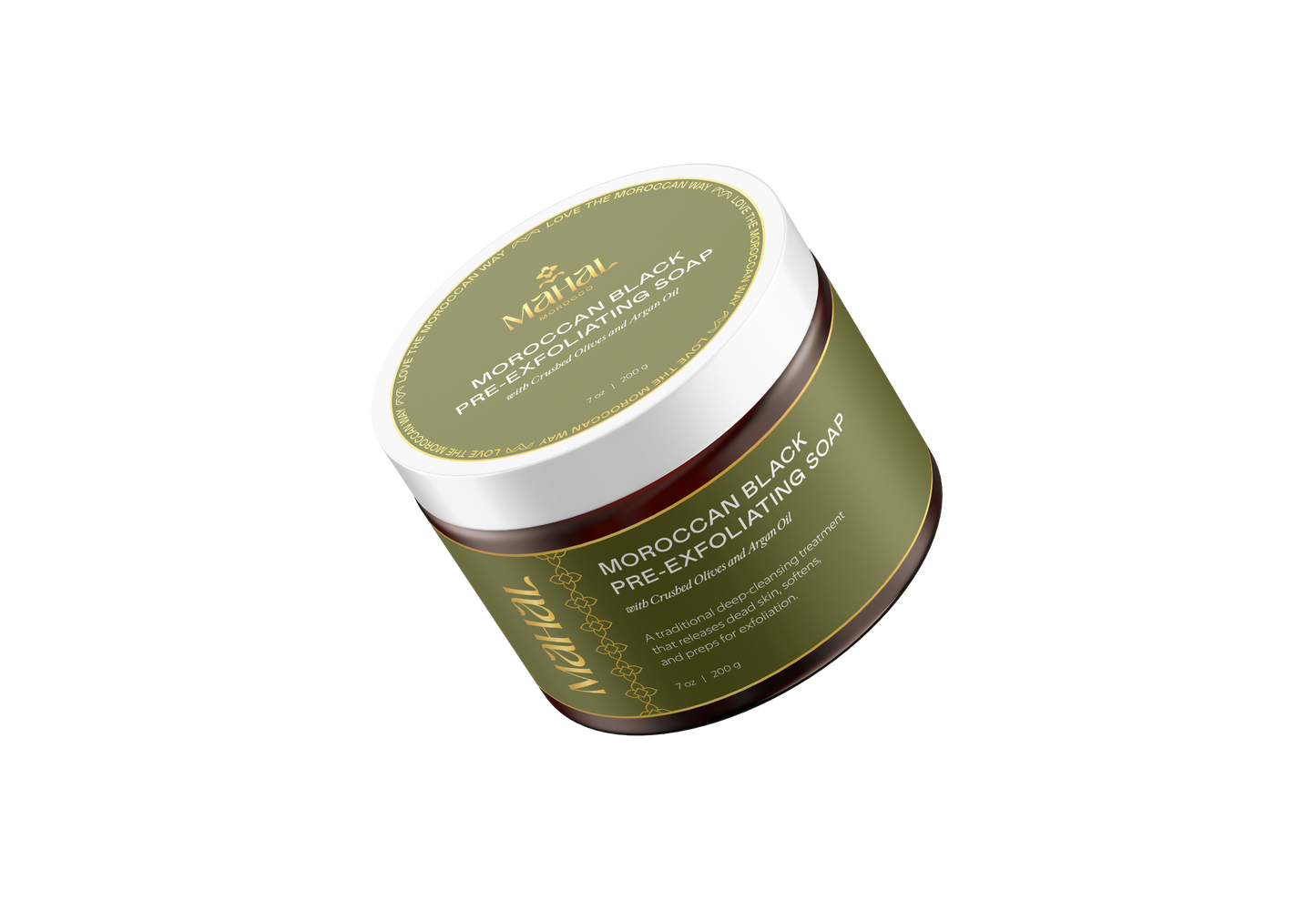 Green jar of Moroccan Black Soap on a white background