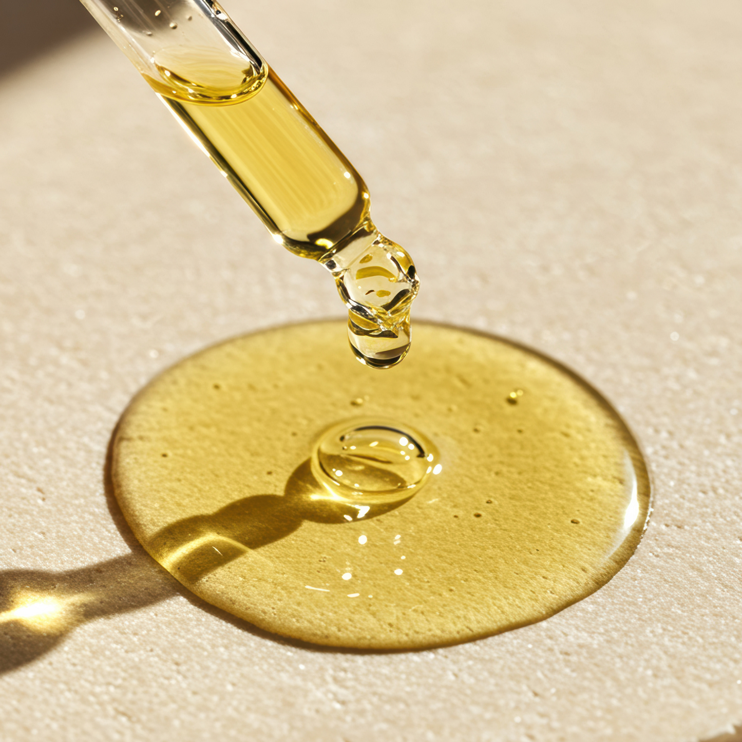 Gold dropper bottle with argan oil on beige backround