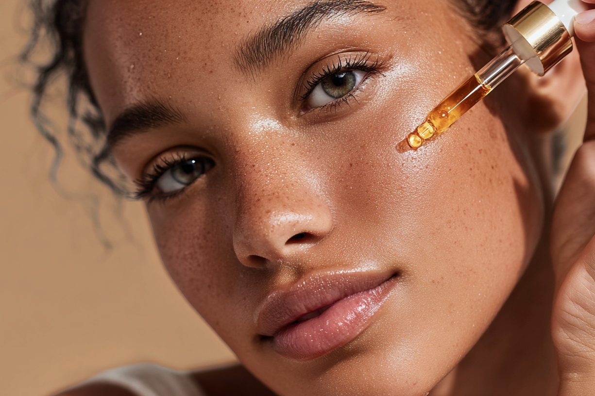 Close-up of a woman applying a dropper of organic argan oil to their face against a beige background
