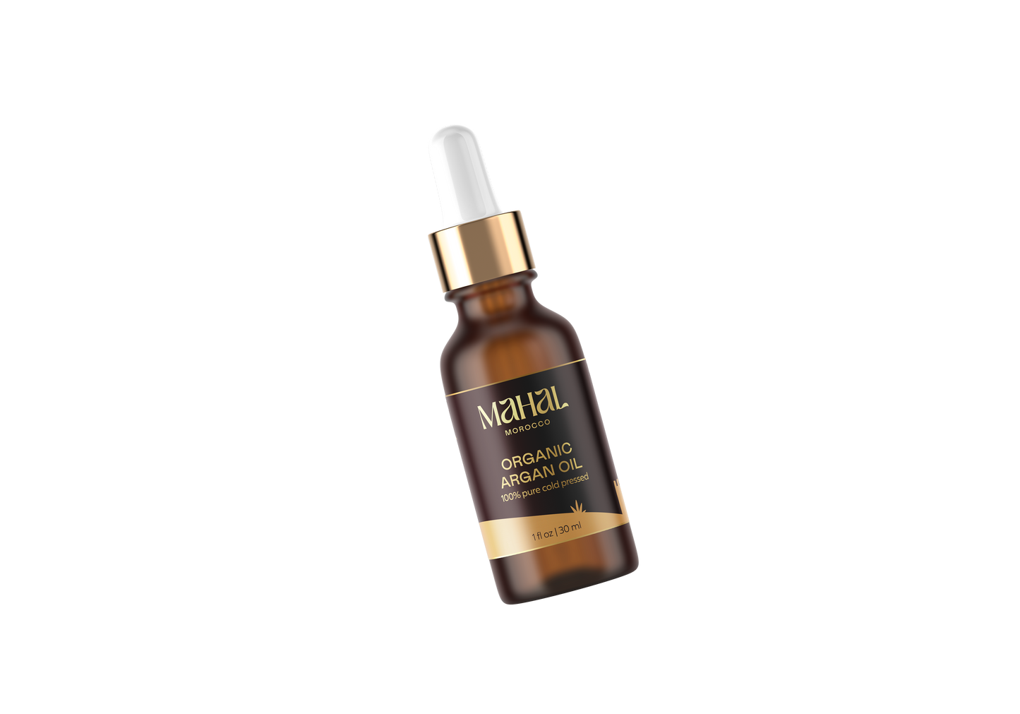 Amber bottle of cold pressed organic argan oil by Mahal Morocco
