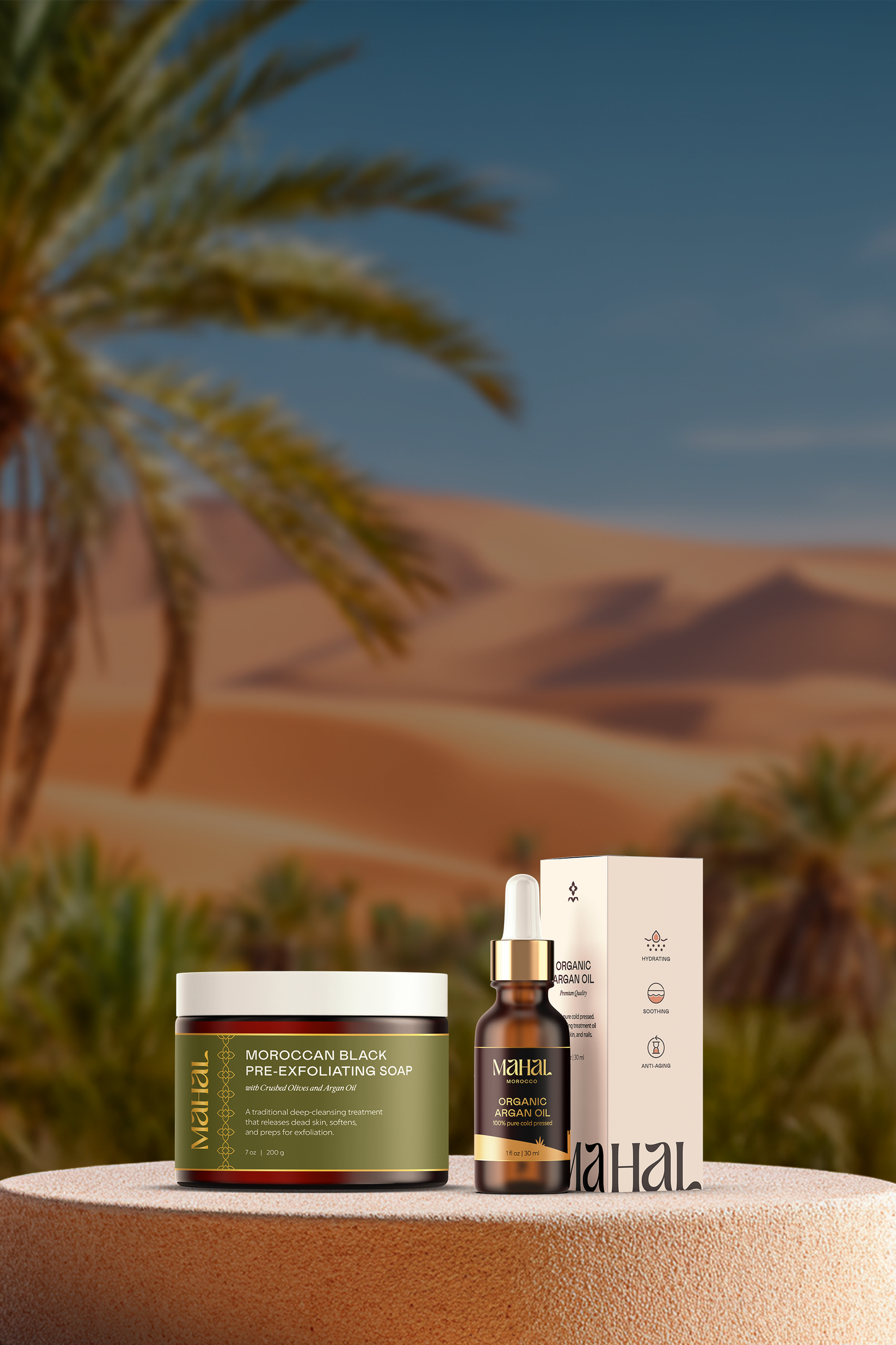 Mahal skincare products with desert landscape in the background