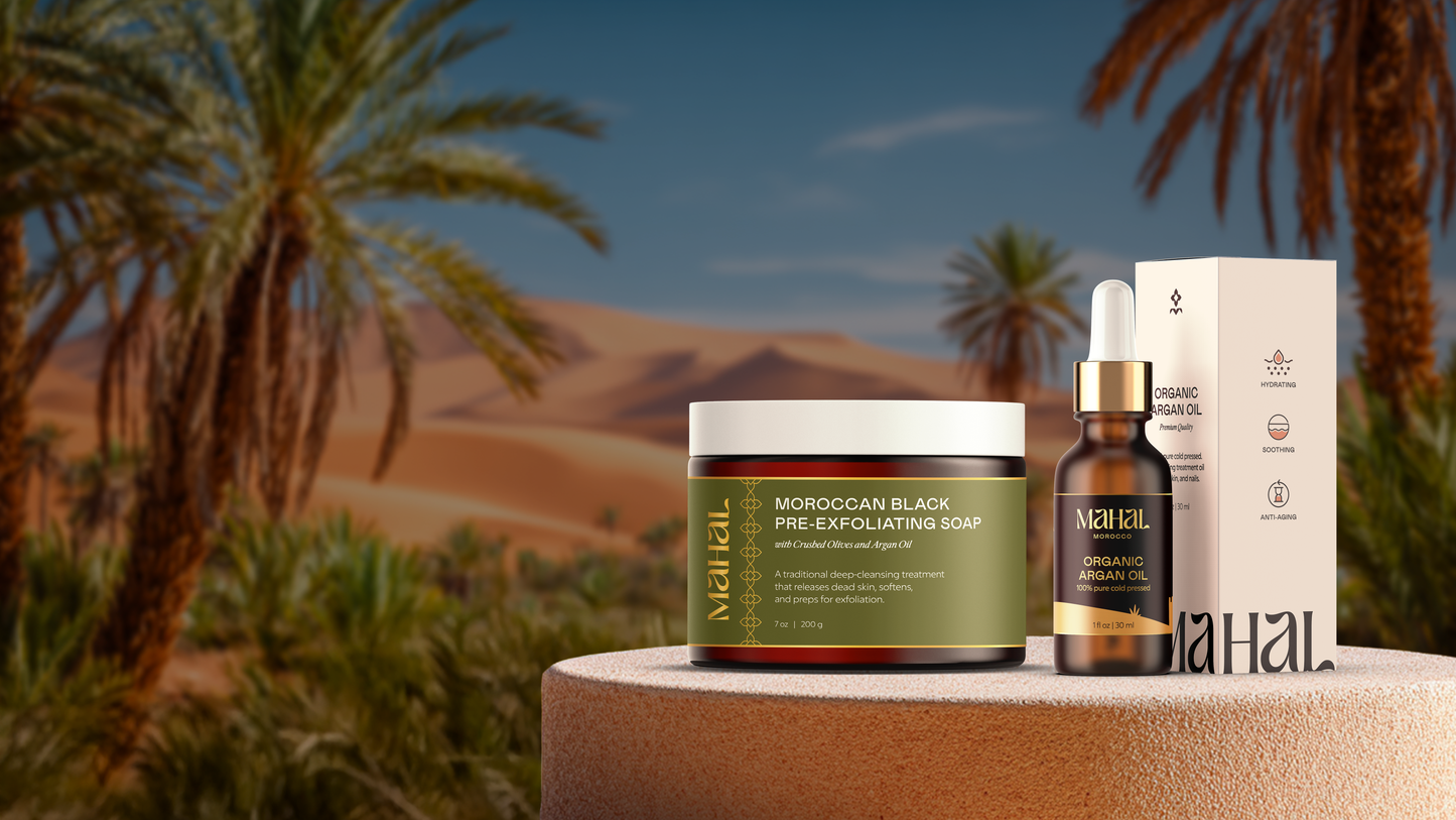 Moroccan skincare products with palm trees and desert landscape in the background