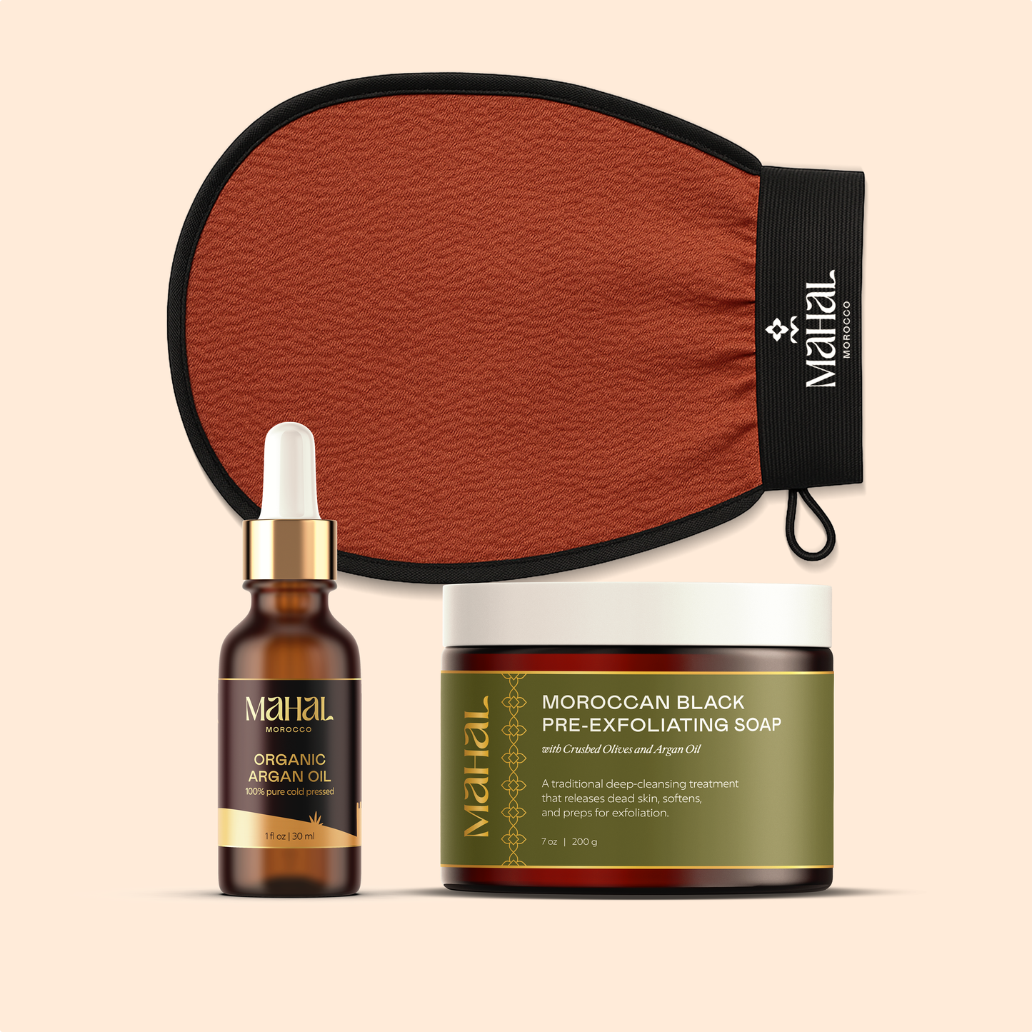 Complete Moroccan ritual set featuring soap, glove, and argan oil