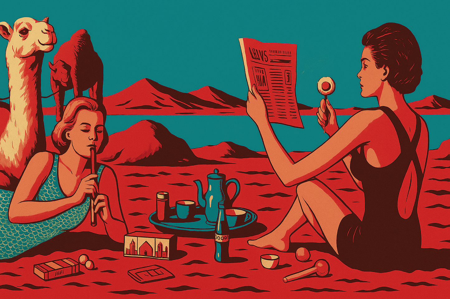 Two women in a desert setting with a camel, one reading a newspaper and the other playing a flute