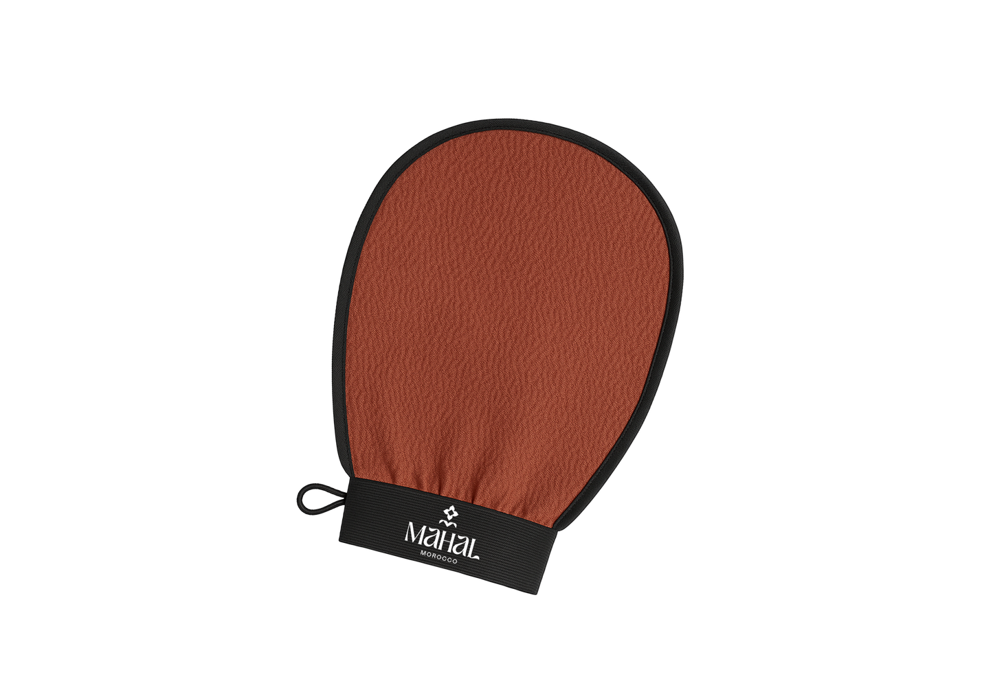 Brown exfoliating glove with black wrist strap