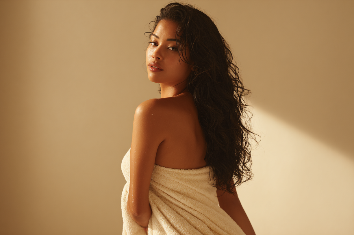 Woman wrapped in a white cloth against a beige background