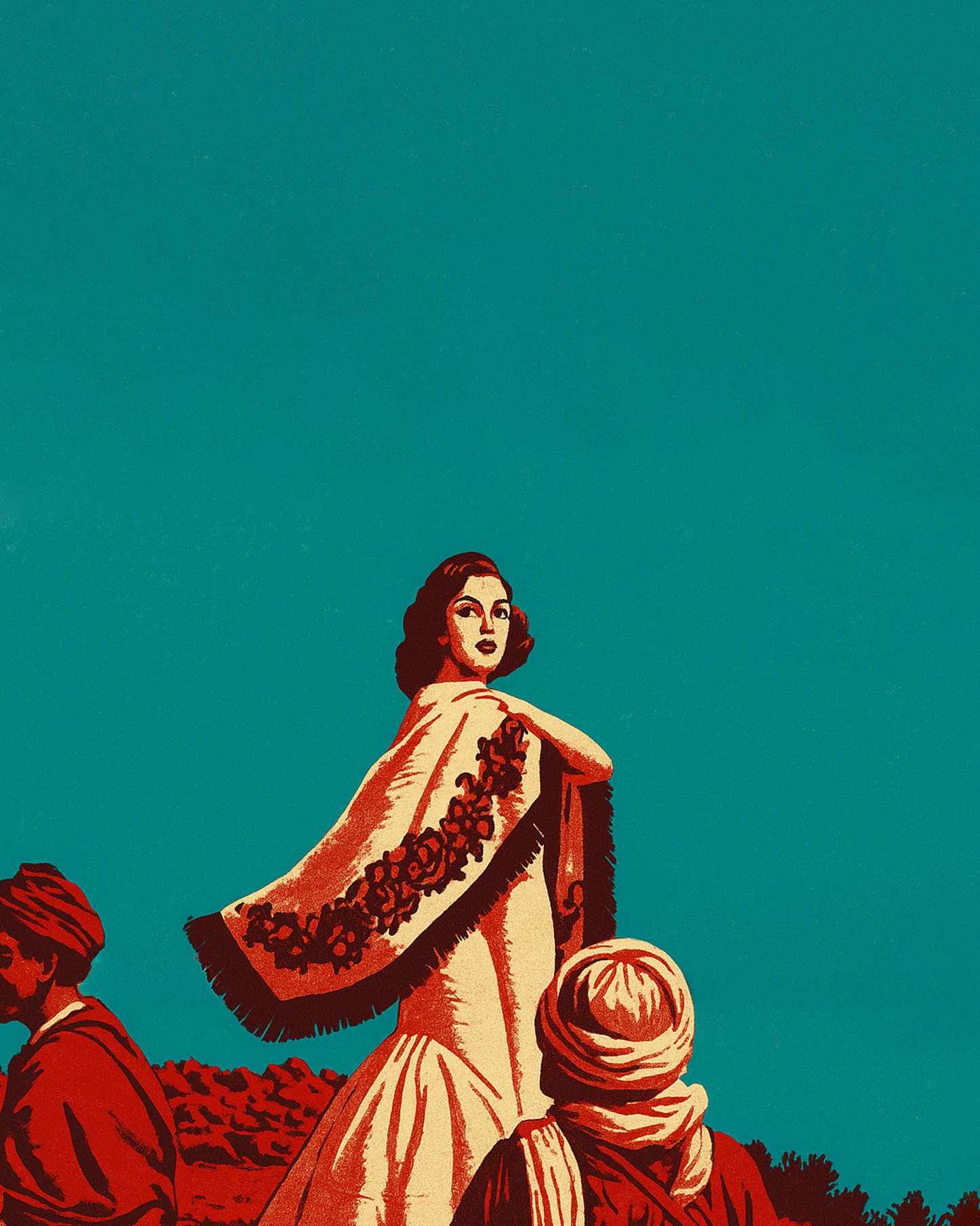 Artistic depiction of a woman in a traditional outfit with two figures in the foreground against a teal background