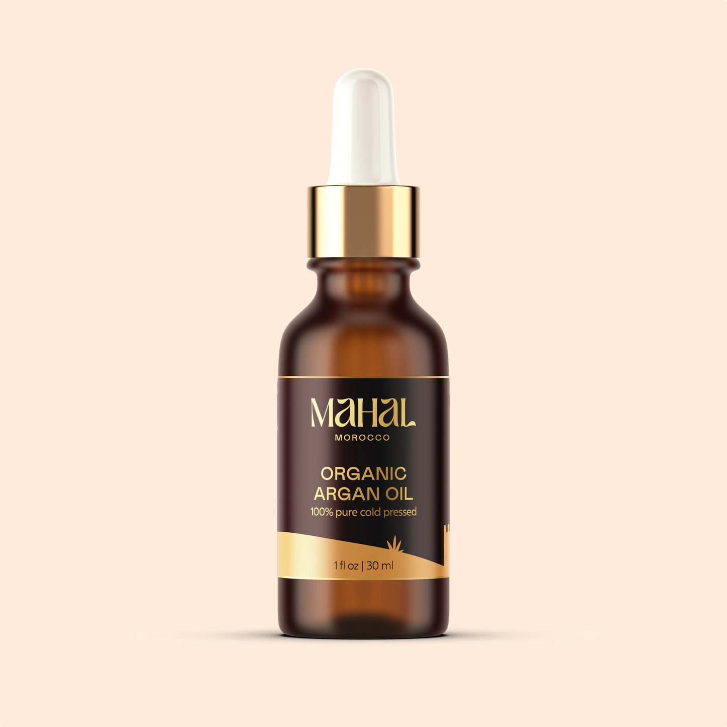 Bottle of Mahal Organic Argan Oil on a beige background