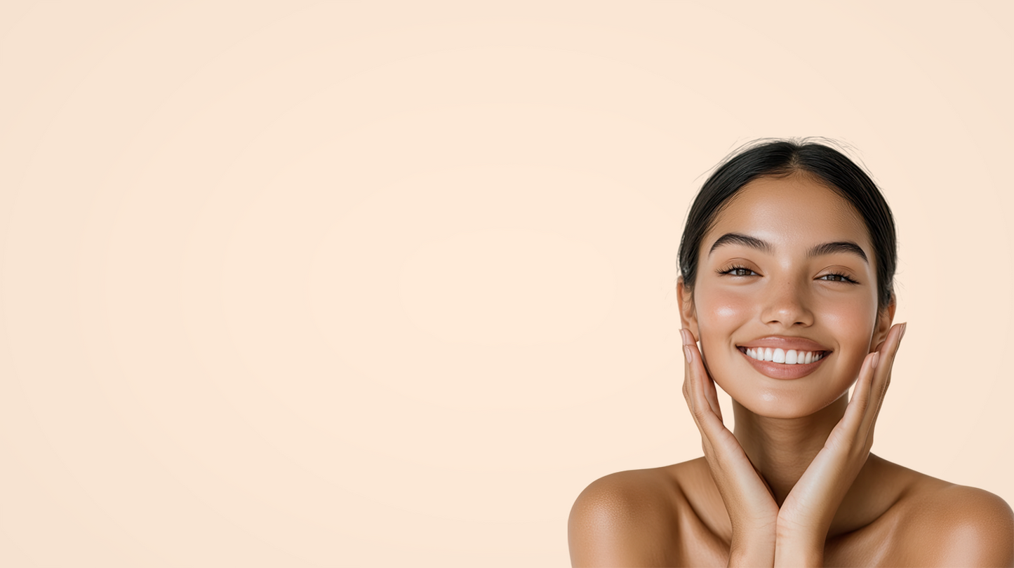 Woman with clear skin on a beige background