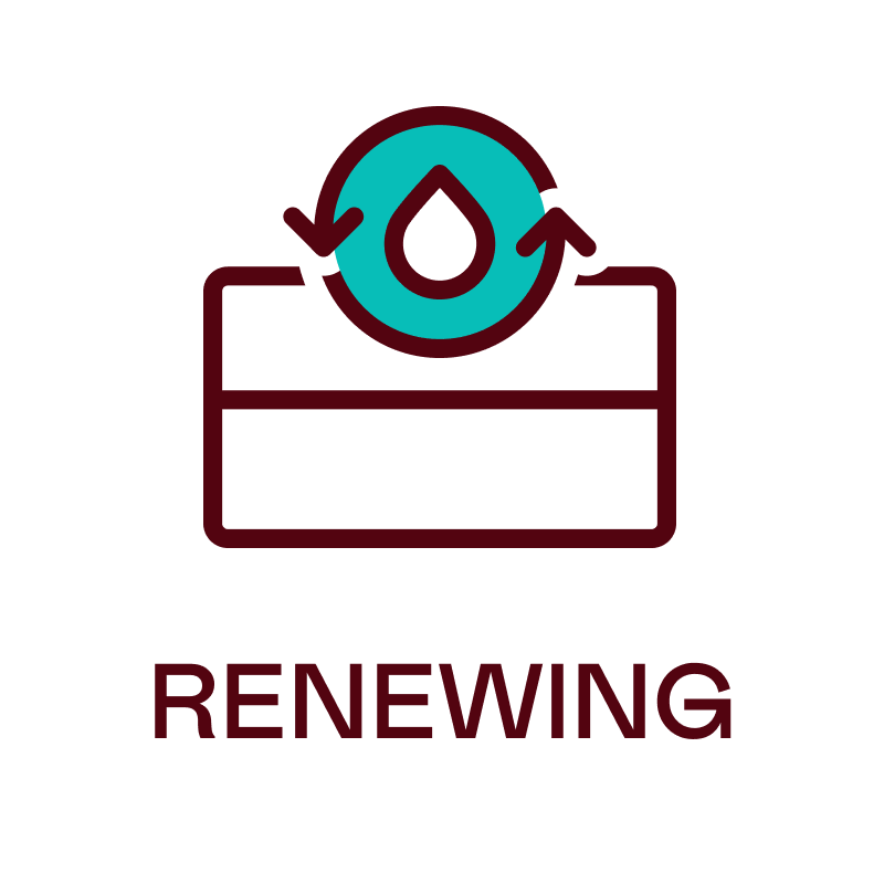 Icon with a droplet icon and 'RENEWING' text on a white background