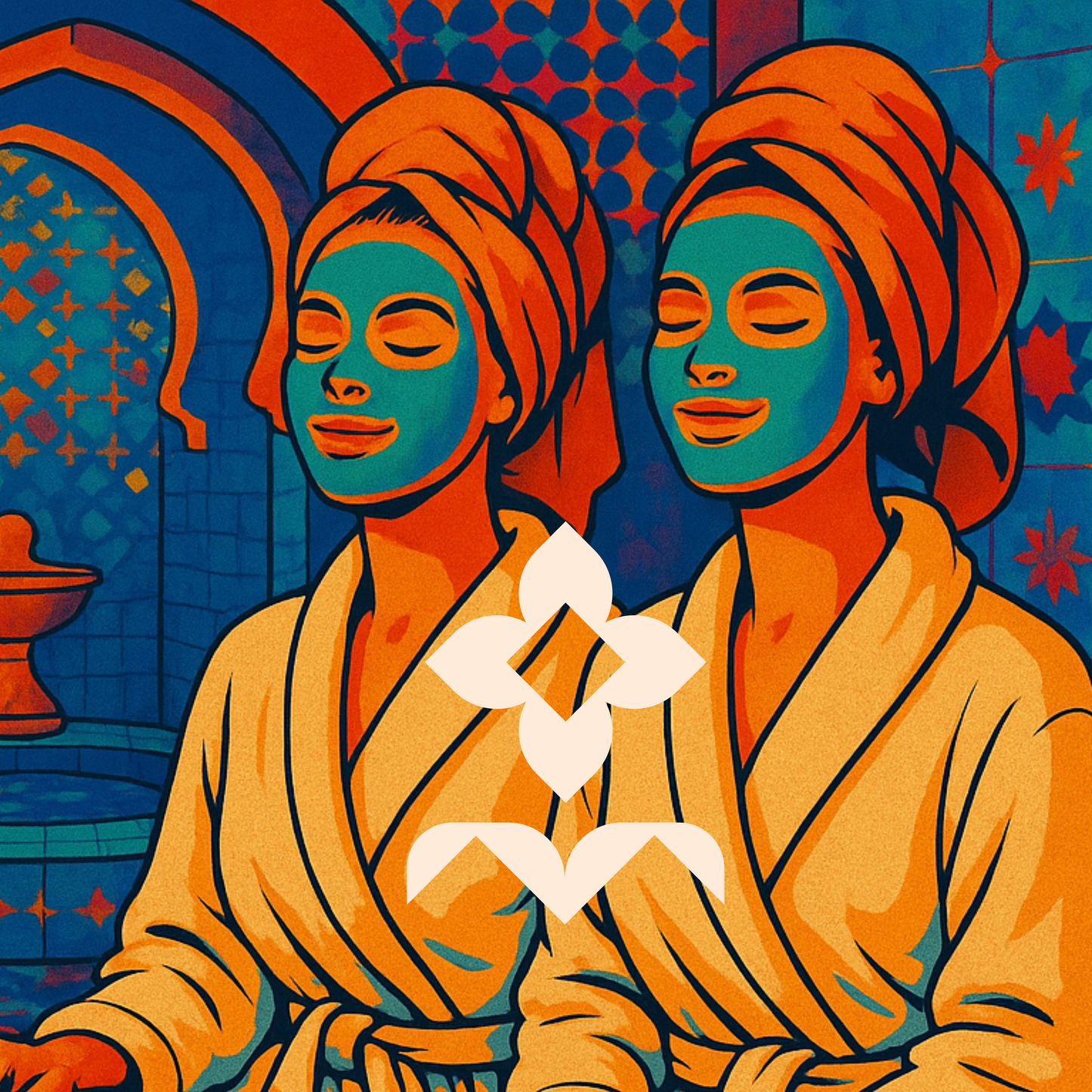 Two women with blue face masks and orange towels, sitting side by side against a colorful patterned background.