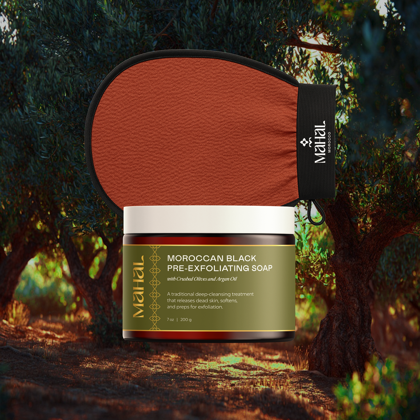 Moroccan Black pre-exfoliating soap with a brown exfoliating glove against a natural background featuring olive trees