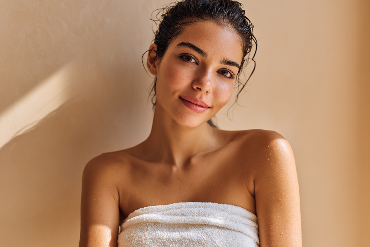 Woman wrapped in a towel against a beige background