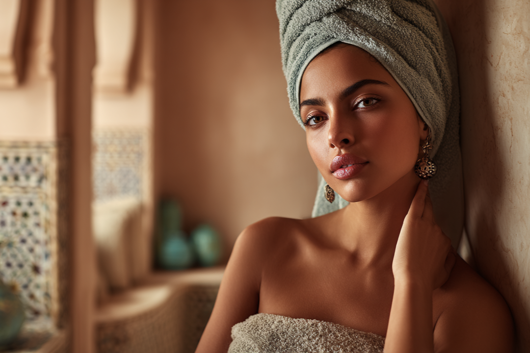 Woman with a towel wrapped around her head in a bathroom setting