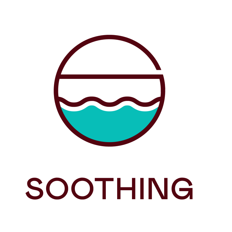 Icon with a circular design featuring a wave and the word 'Soothing' on a white background